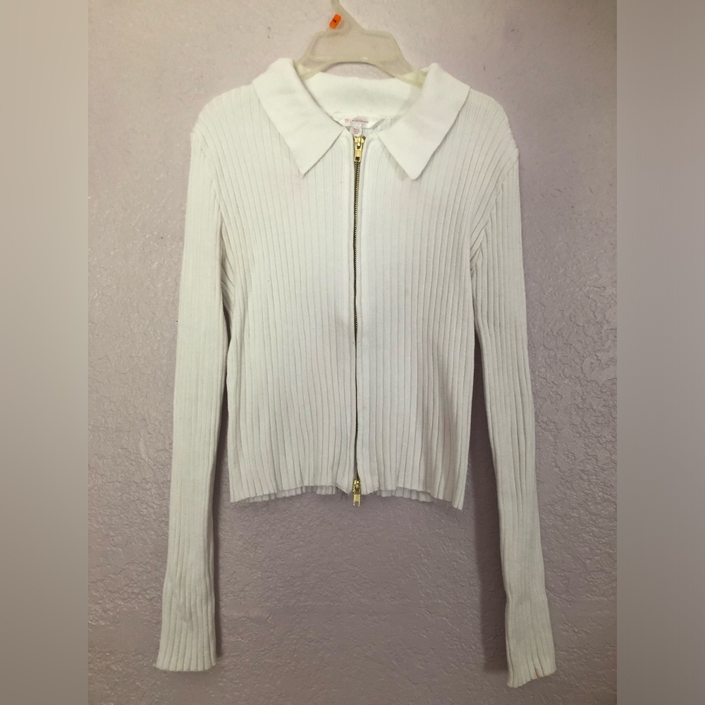 No Boundaries White Ribbed Zip-Up Sweater